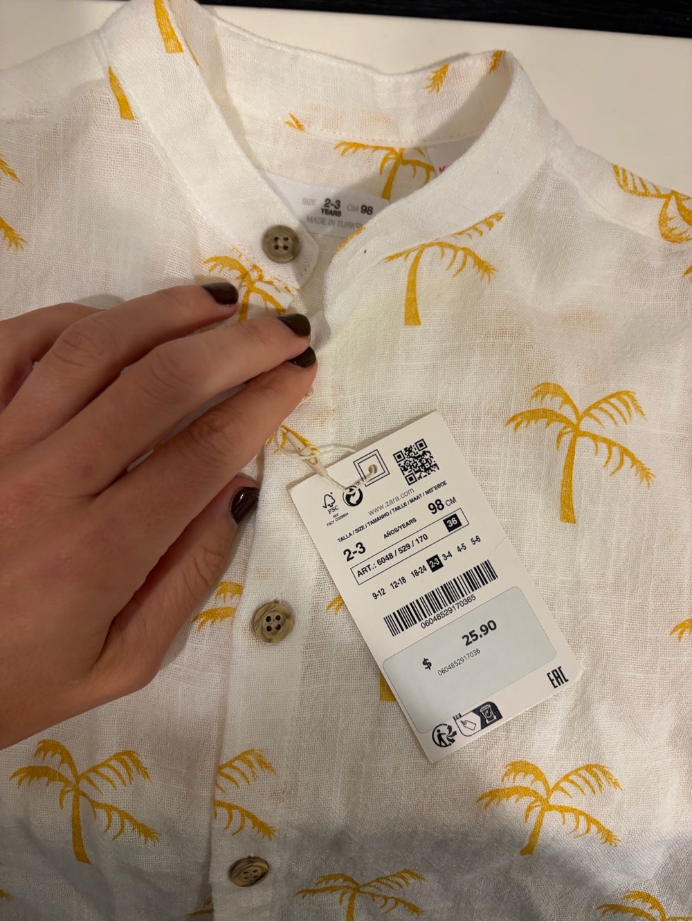 Zara White Button-Front Shirt with Yellow Palm Print